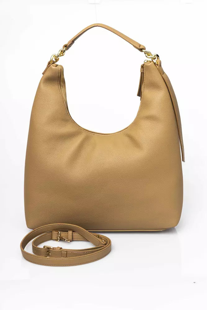 Elegant Beige Shoulder Bag with Golden Accents