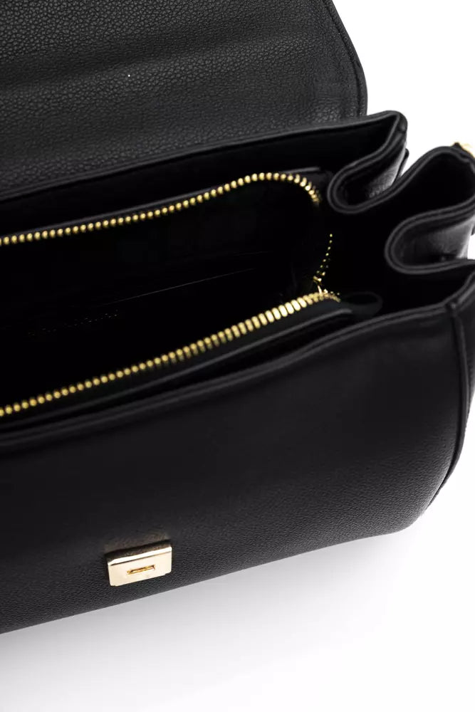 Elegant Shoulder Bag with Flap Closure and Golden Accents