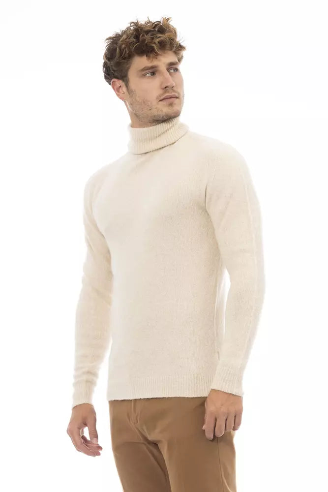 Beige Turtleneck Sweater with Fine Rib Detail