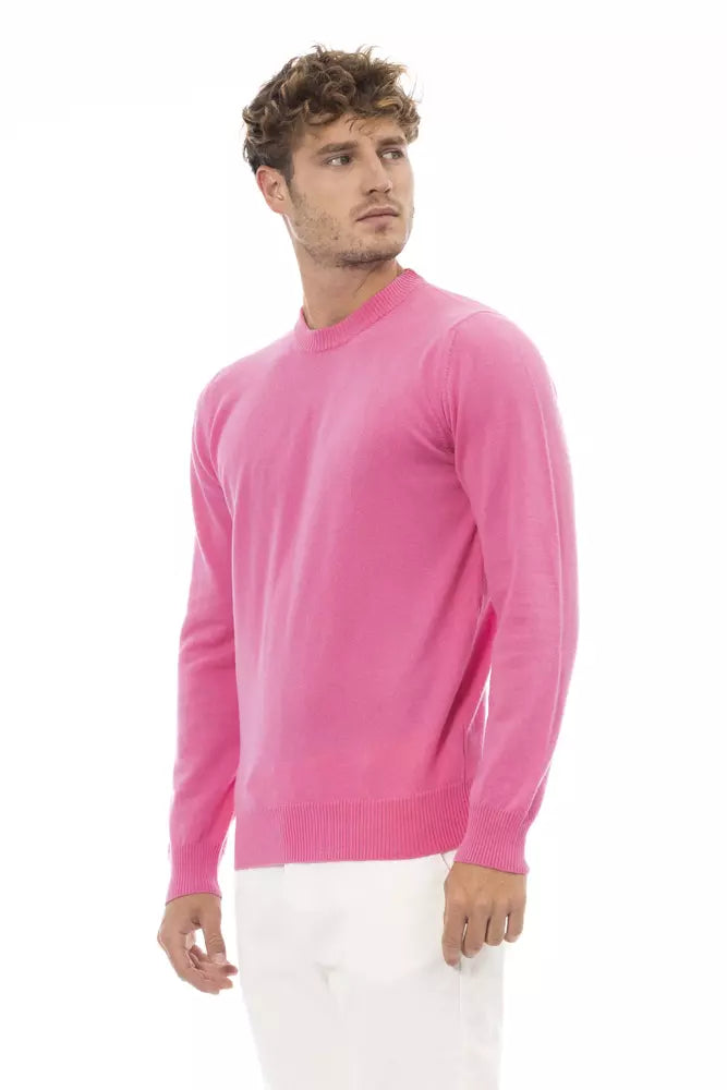 Chic Pink Crewneck Sweater with Fine Rib Detailing