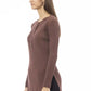 Chic Brown Side-Slit Sweater with Button Details