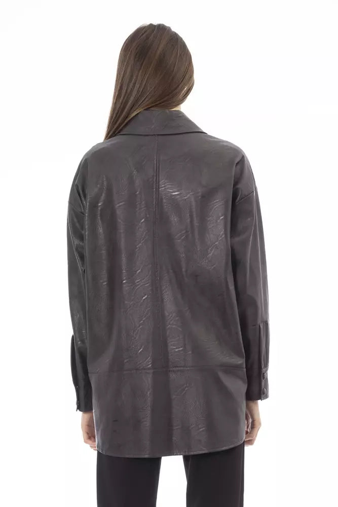 Chic Brown Leatherette Shirt with Pocket Detail