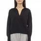 Elegant V-Neck Black Sweater with Ribbed Trims