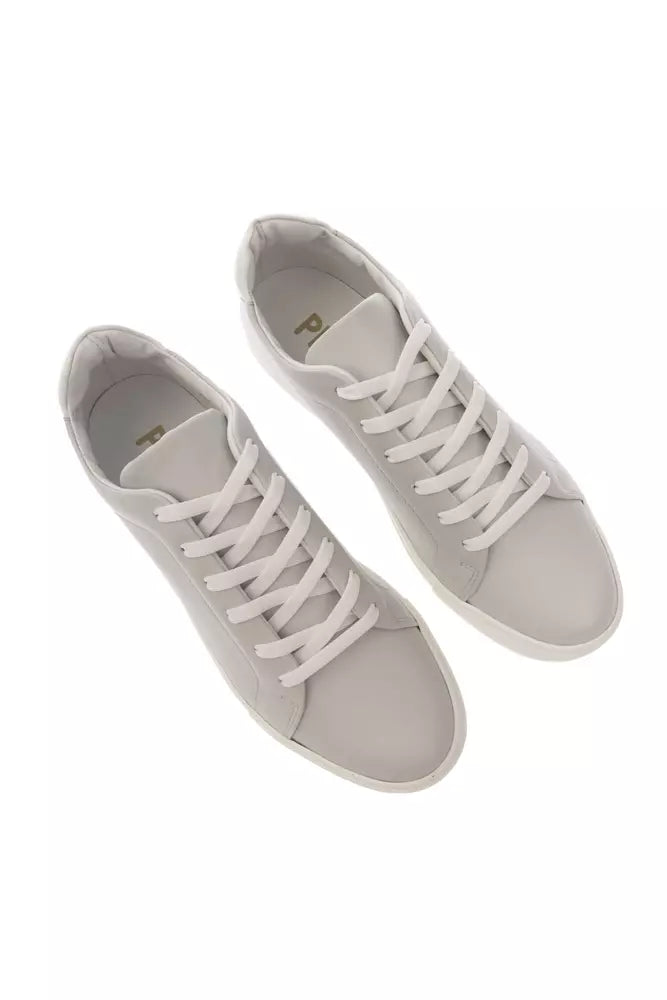 Elegant Gray Leather Sneakers with Contrasting Logo