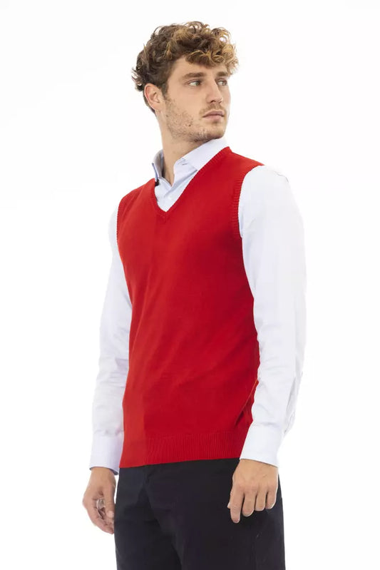 Elegant V-Neck Red Vest in Fine Rib Knit