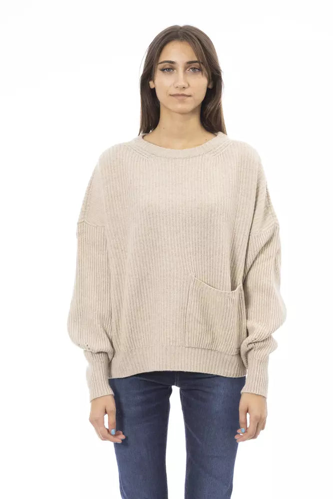 Chic Beige Crew Neck Cashmere Blend Sweater