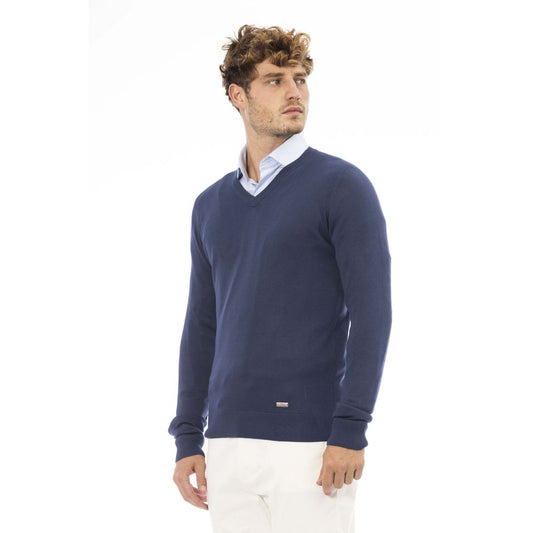 Elegant V-Neck Ribbed Blue Sweater