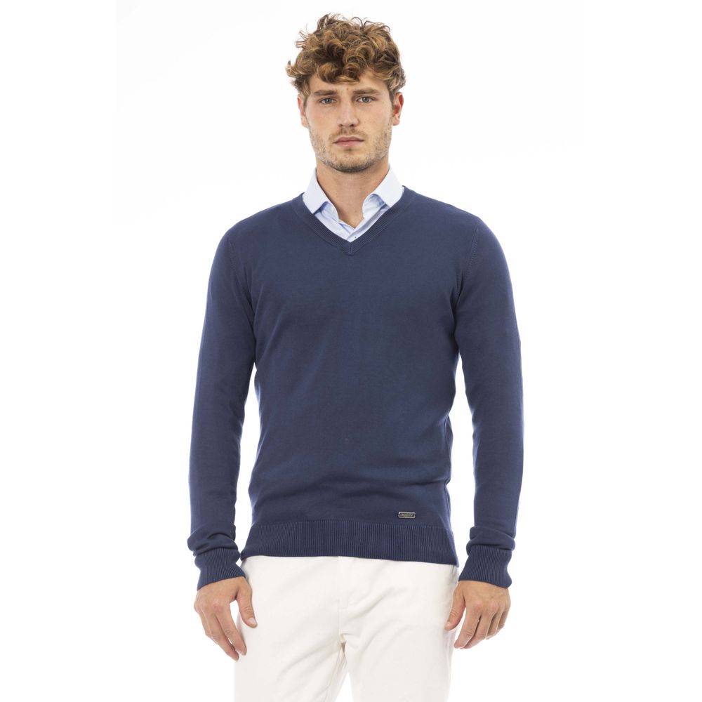 Elegant V-Neck Ribbed Blue Sweater