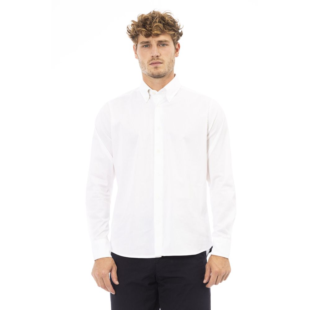 White Cotton-Elastane Button-Down Shirt