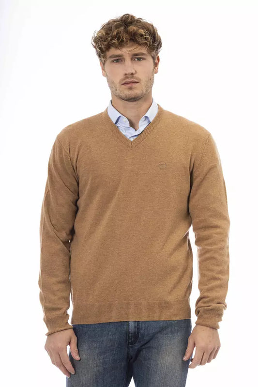 Elegant Beige V-Neck Wool Sweater for Men