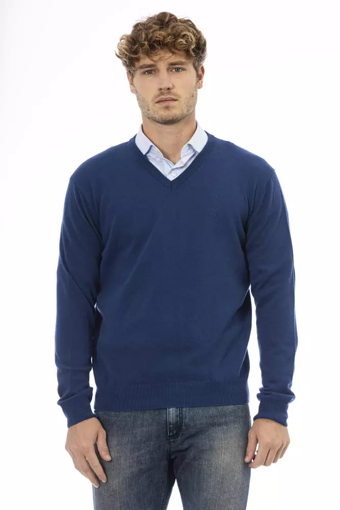 Elegant Blue V-Neck Wool Sweater