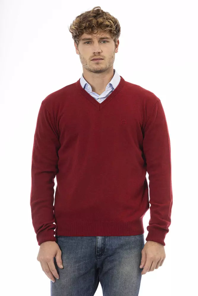 Elegant Red V-Neck Wool Sweater