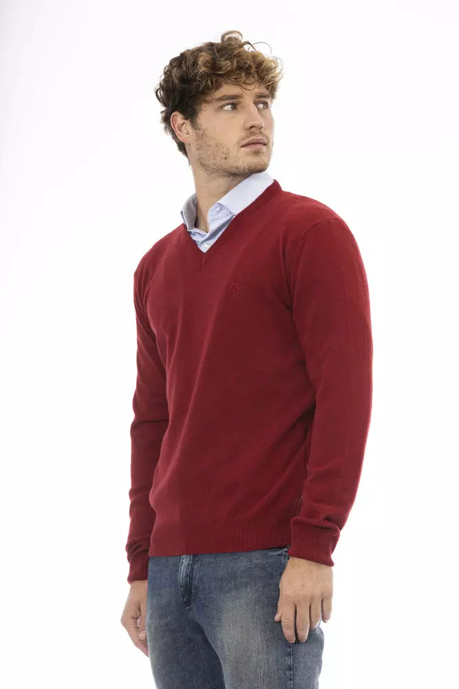 Elegant Red V-Neck Wool Sweater