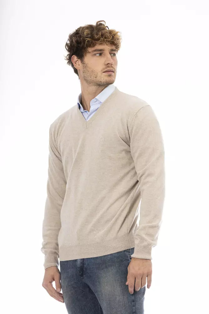 Elegant Beige Wool V-Neck Sweater