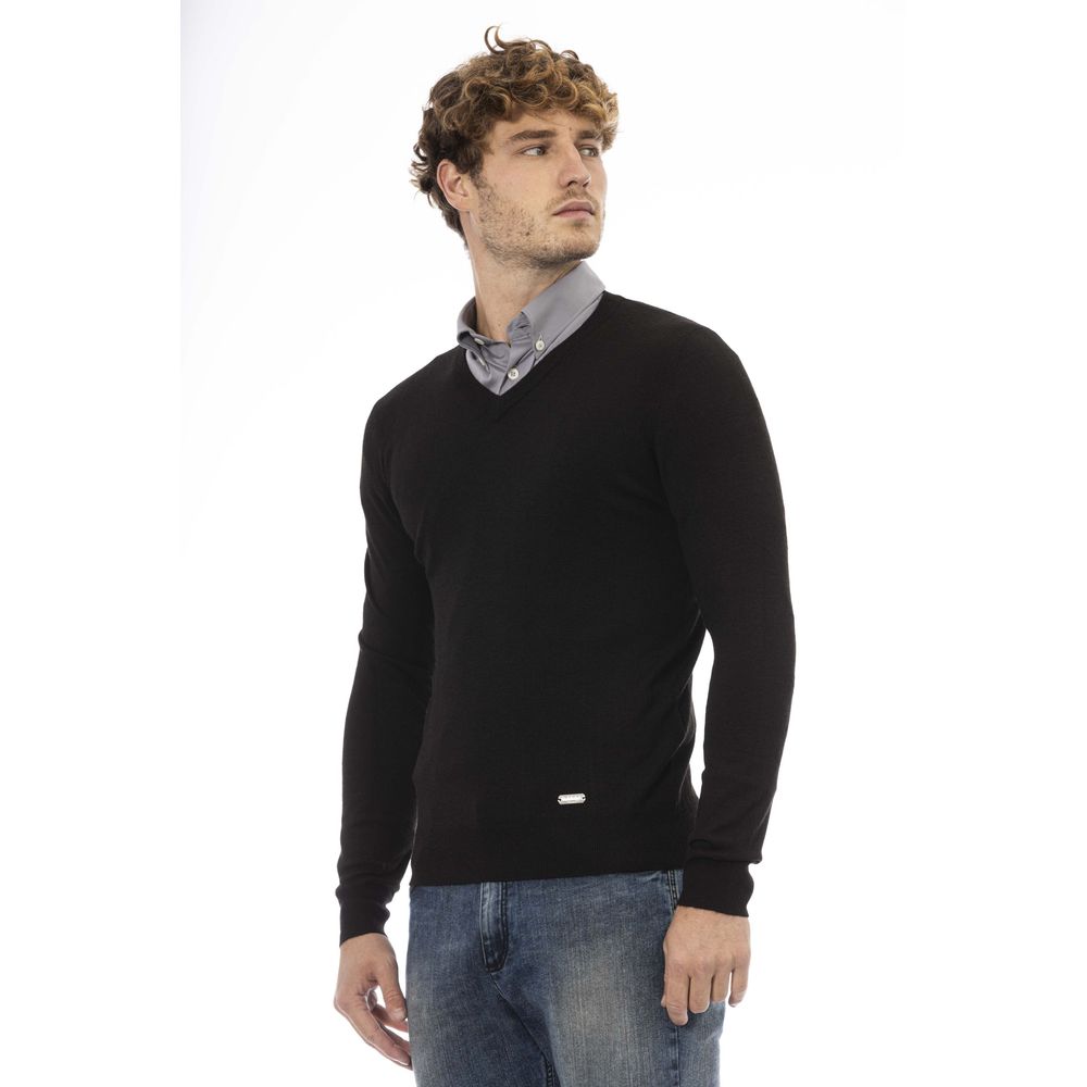 Elegant V-Neck Wool Sweater - Long Sleeves, Ribbed Accents