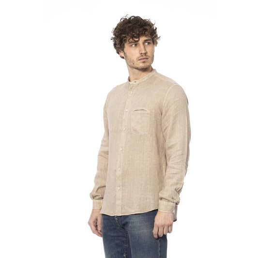 Elegant Beige Mandarin Collar Linen Shirt