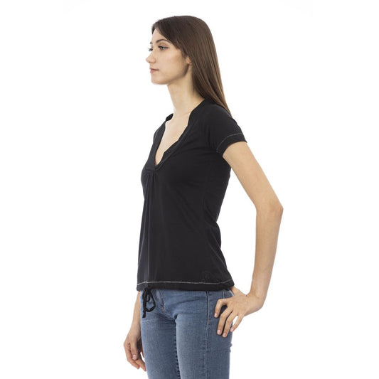 Chic Black Cotton Tee with Unique Front Print