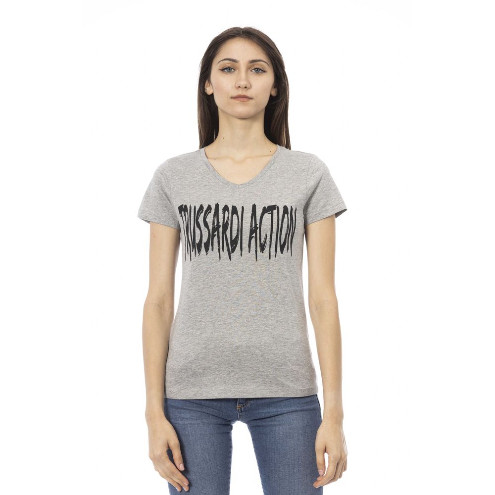 Elegant Gray V-Neck Tee with Chic Print