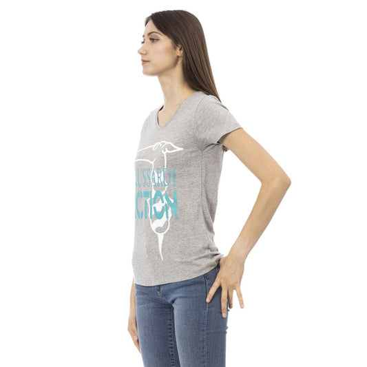 Chic V-Neck Grey Tee with Front Motif