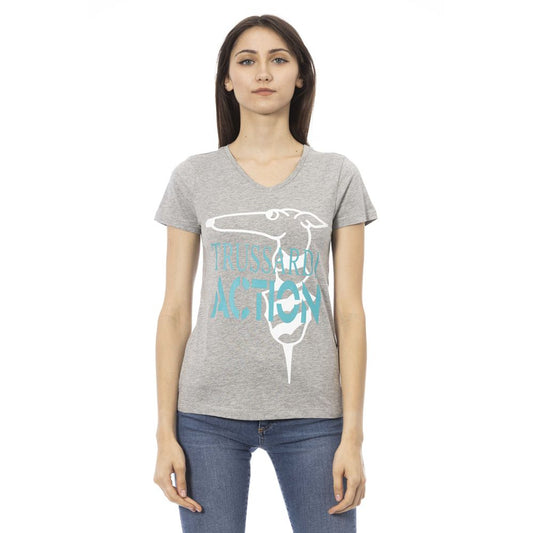 Chic V-Neck Grey Tee with Front Motif