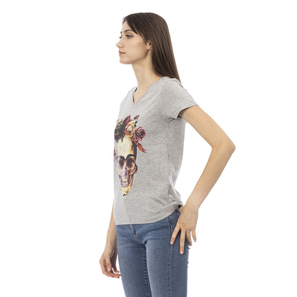 Elegant Gray V-Neck Tee with Front Print