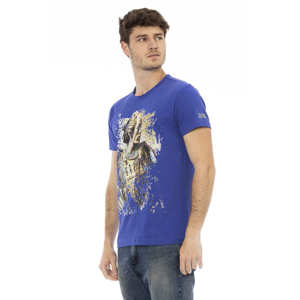 Sleek Blue Cotton Tee with Unique Front Print