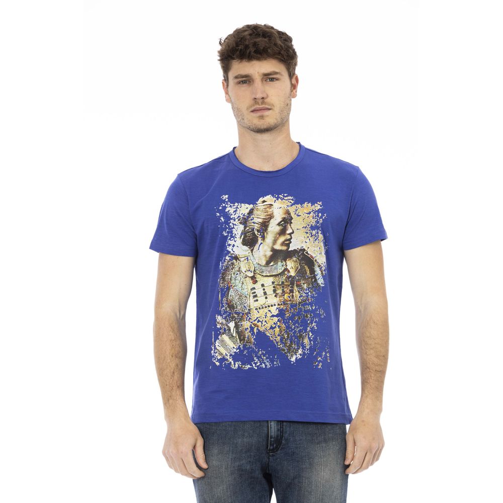 Sleek Blue Cotton Tee with Unique Front Print