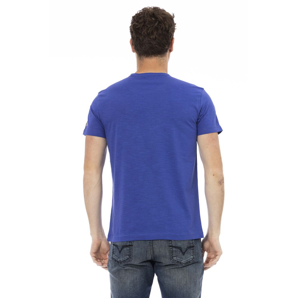 Sleek Blue Cotton Tee with Unique Front Print