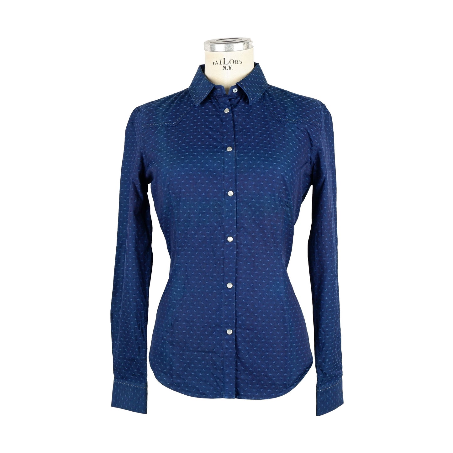 Chic Dark Blue Cotton Blouse with Pattern Stitching