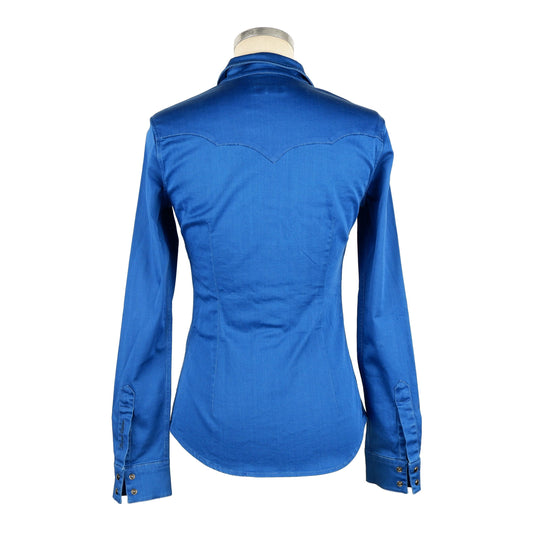 Elegant Blue Cotton Blouse with Chest Pockets