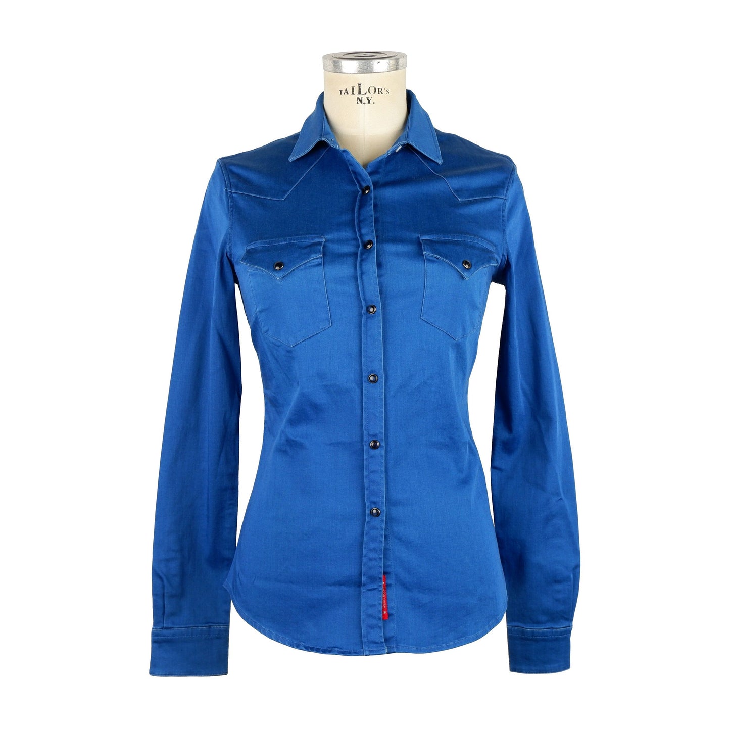 Elegant Blue Cotton Blouse with Chest Pockets