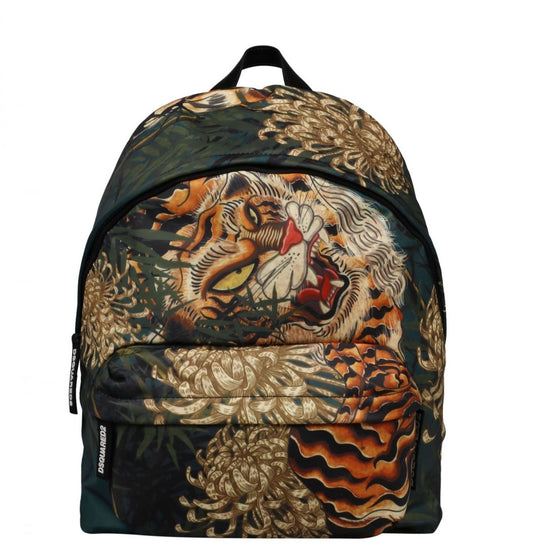 Elegant Green Tiger Print Backpack with Leather Accents