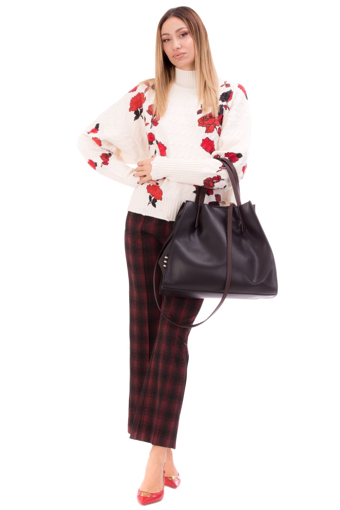 Elegant Check Motif Flared Trousers