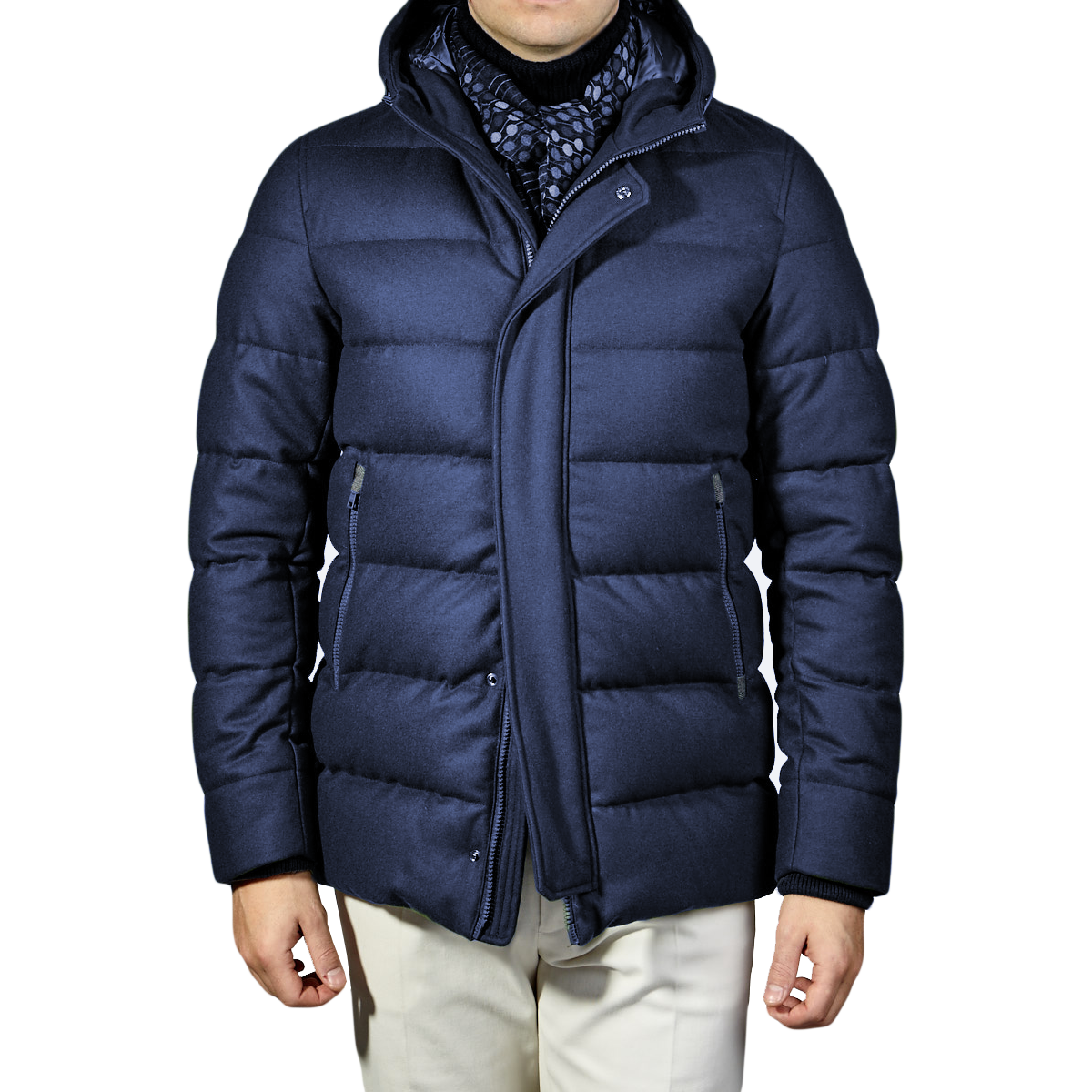 Elegant Blue Wool Blend Down Jacket with Hood