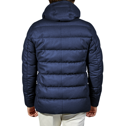 Elegant Blue Wool Blend Down Jacket with Hood