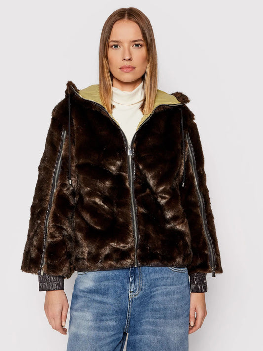 Chic Brown Zip-Up Faux Fur Jacket