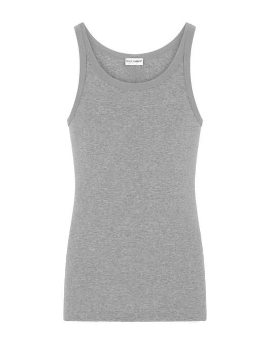 Sleek Grey Ribbed Sleeveless Cotton Tank Top