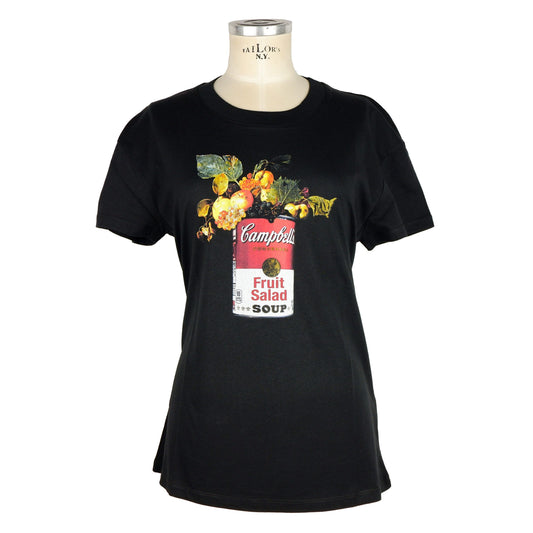 Italian Chic Black Cotton Tee with Artful Print