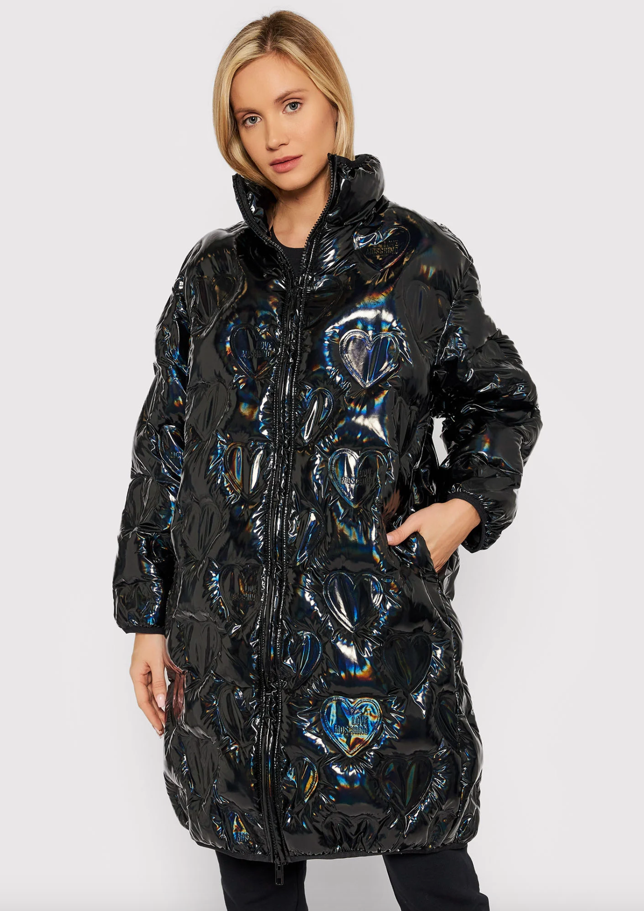 Elegant Logo-Print Long Jacket with Zip Closure