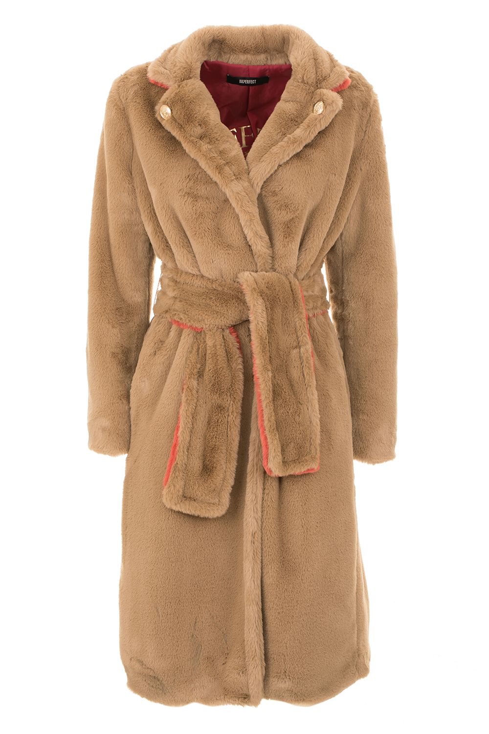 Elegant Beige Faux Fur Coat with Belt Closure