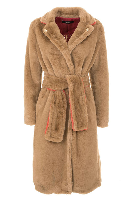 Elegant Beige Faux Fur Coat with Belt Closure