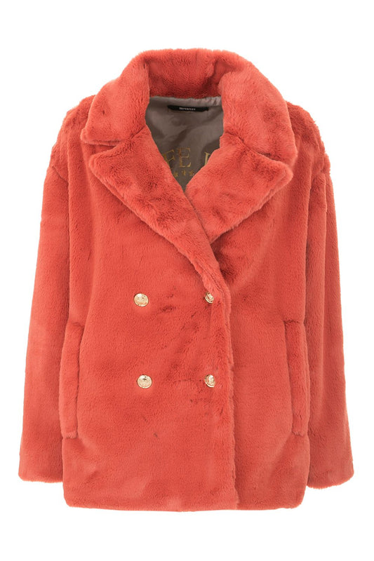 Elegant Red Faux Fur Jacket with Button Closure