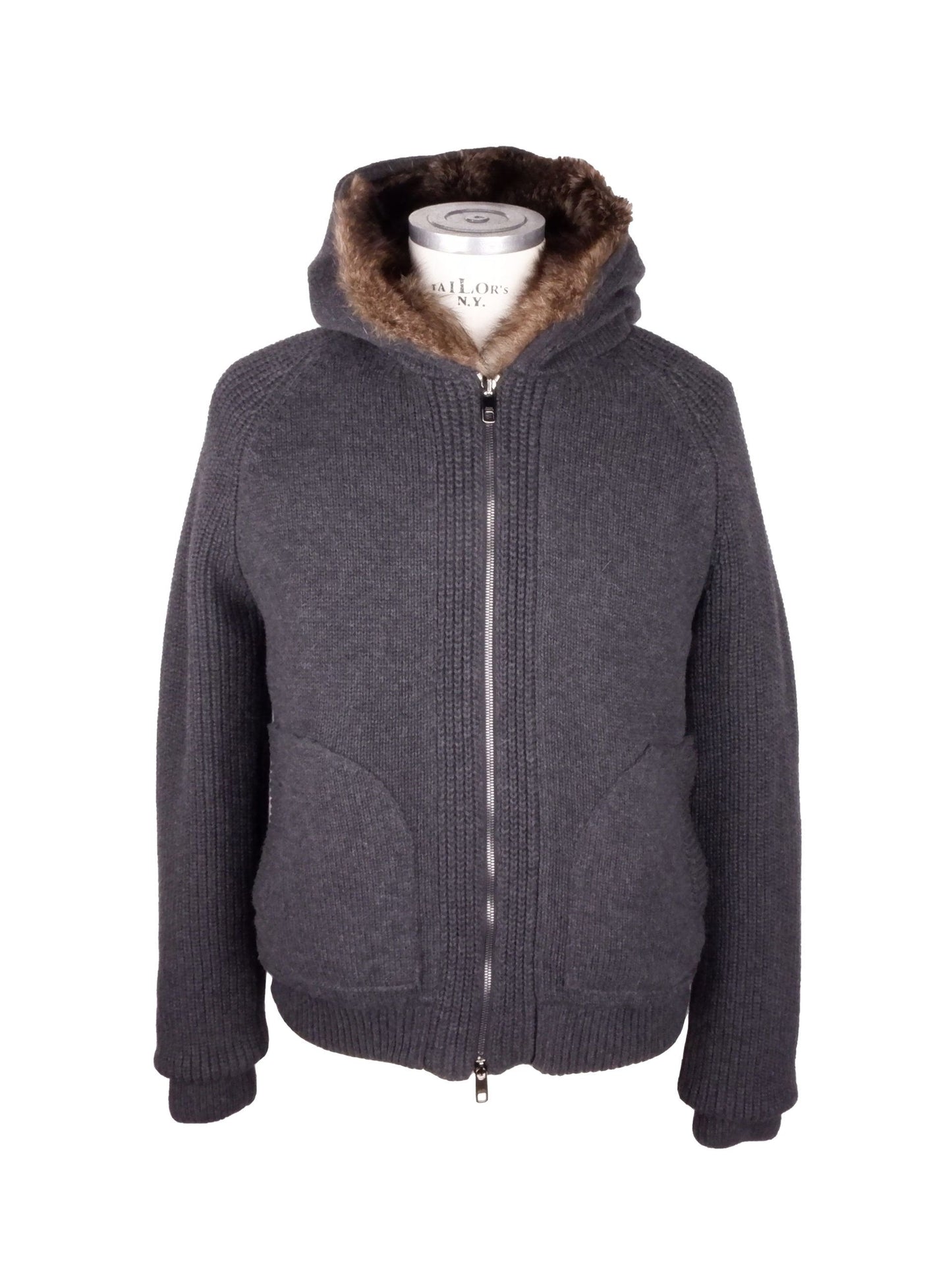 Elegant Grey Hooded Wool-Cashmere Jacket