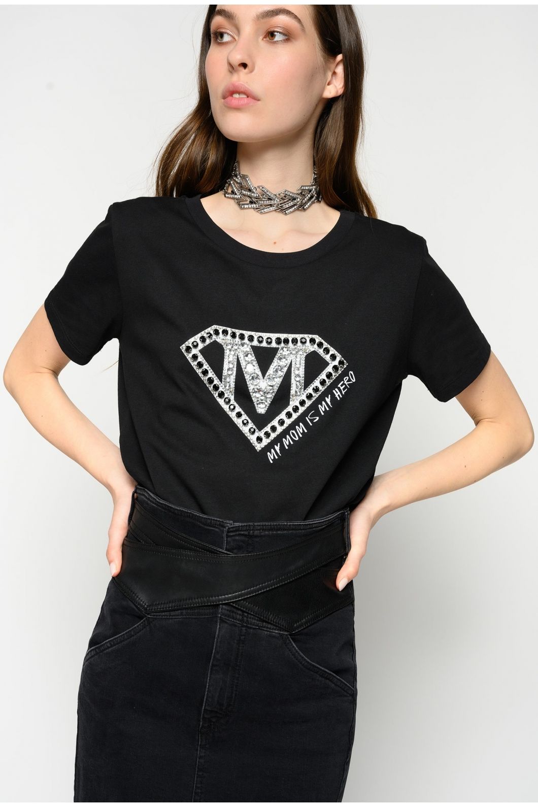 Chic Black Crewneck Tee with Rhinestone Details