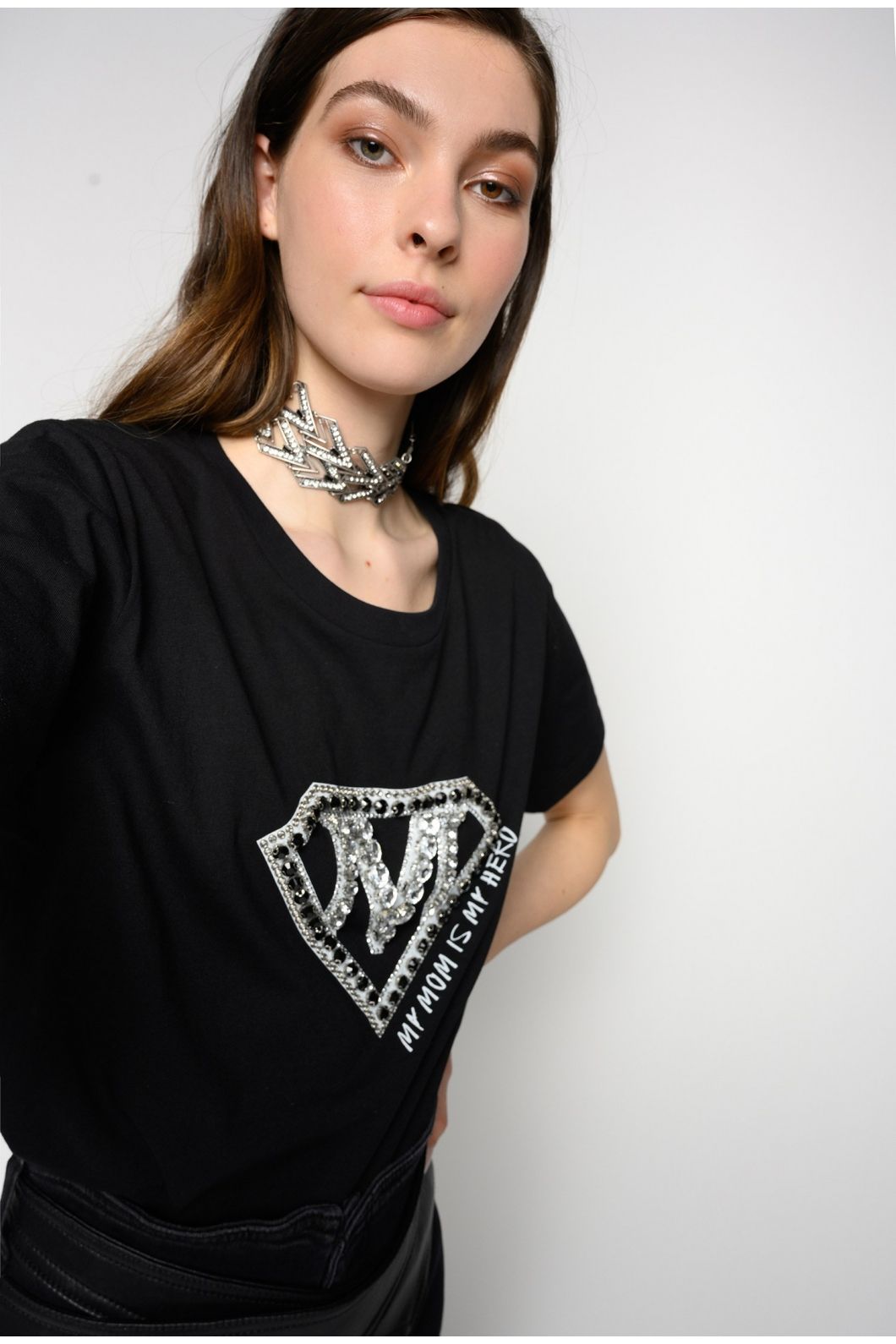 Chic Black Crewneck Tee with Rhinestone Details