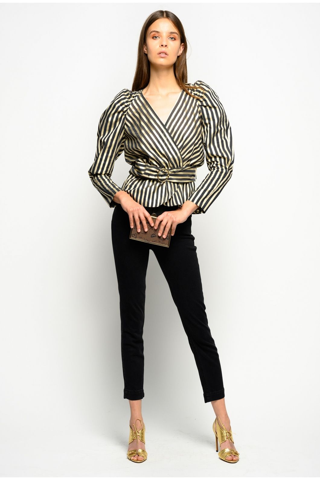 Elegant Black and Gold Striped V-Neck Blouse