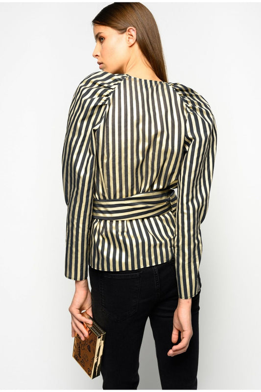 Elegant Black and Gold Striped V-Neck Blouse