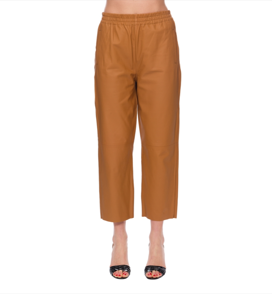 Chic High-Waisted Lambskin Trousers in Brown