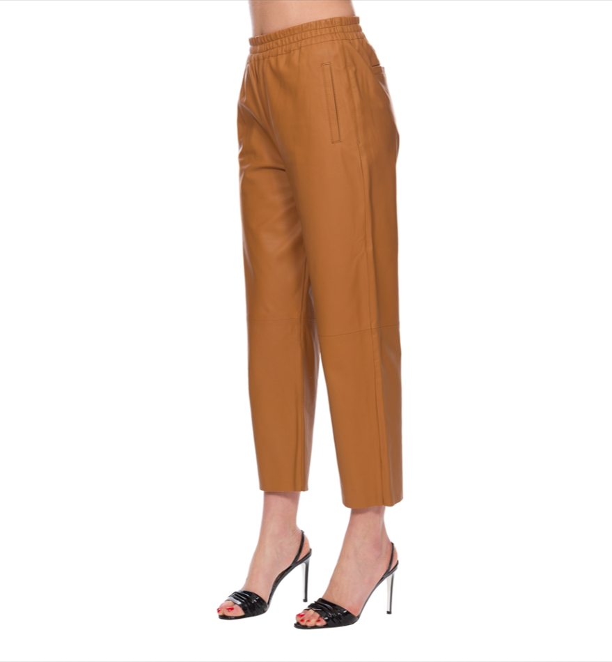 Chic High-Waisted Lambskin Trousers in Brown