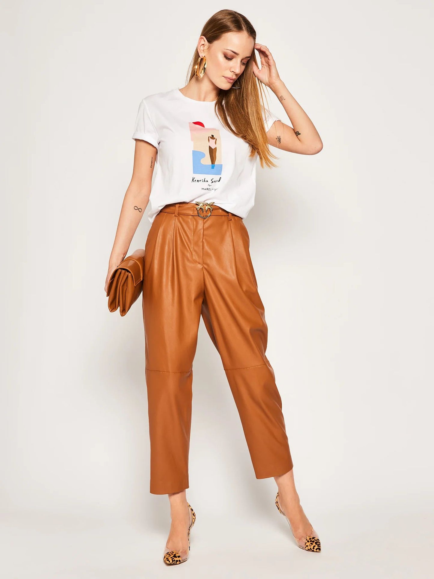 Chic Coated Faux Leather Pants with Logo Belt